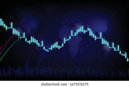 Abstract financial chart with candlestick line graph on blue color background
