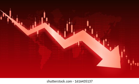 Abstract financial chart with downtrend line graph arrow  and world map in stock market on red color background