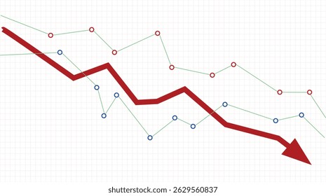 Abstract financial chart with fall arrow fall down. green line fall down with blue and red dot circle point