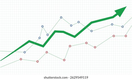Abstract financial chart with green arrow rising up with blue and red dot circle.