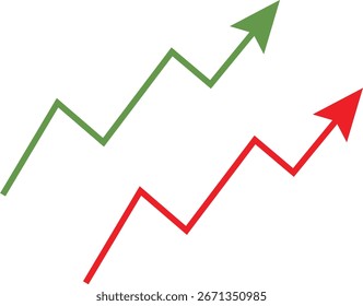 Abstract financial chart illustration with red and green growth arrows on white background, representing economy, market analysis, business success, and stock trading trends.