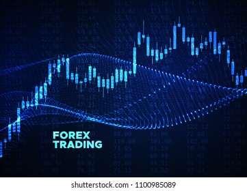 Abstract financial chart with japanese candlestick chart glowing wavy graphs and numbers. Vector illustration. Financial market data. Forex trading concept. Stock exchange symbol. svg