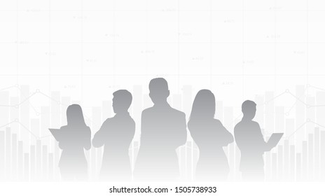 Abstract financial chart with line graph and silhouette business man and woman in stock market on black and white color background