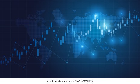 Abstract financial chart with line graph and glowing world map in stock market on blue color background