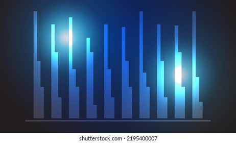Abstract financial chart with line graph and glowing world map in stock market on blue color background