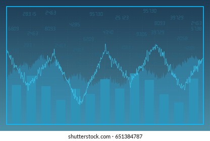Abstract financial chart with line graph and bar chart on blue color background (vector)