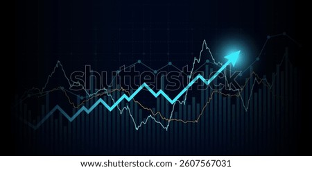 Abstract Financial chart with moving up arrow graph in stock market on blue color background