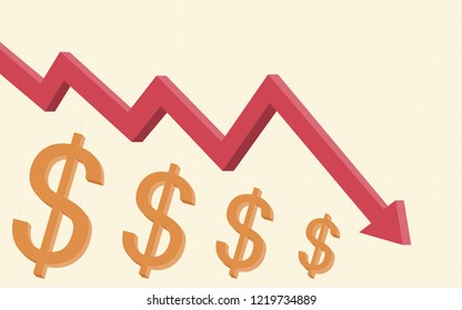 abstract financial chart with red color 3d Downtrend line arrows go down with dollar sign on yellow color background