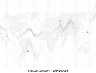 Abstract financial chart with trend line graph in stock market on white color background  and world map