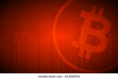 Abstract financial chart with trend line graph and bitcoin sign in stock market on gradient red color background