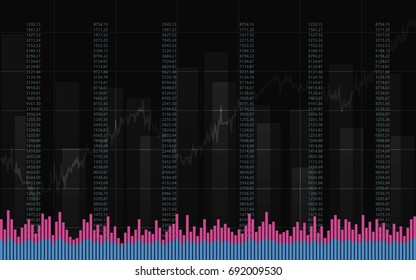 Abstract financial chart with trend line graph, bar chart in stock market on black color background