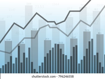Abstract financial chart with up trend line graph ,  and stock numbers in stock market  on gradient  light blue background.Vector illustrations. 