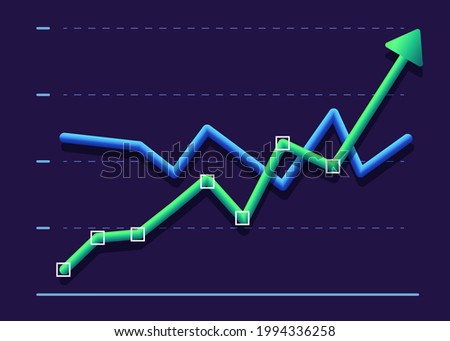 Abstract financial chart with two line moving up. Modern design Green and blue 3d graphics on a dark background. Business competition concept. Vector illustration.  success command