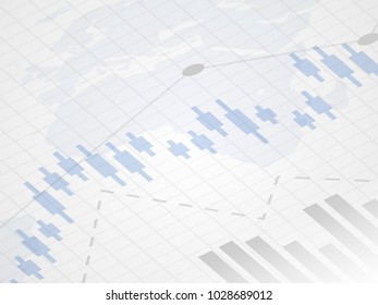 Abstract financial chart with uptrend line graph. Candle stick graph of investment trading on world map as background. Trend of stock market chart. Business concept. Vector illustration.
