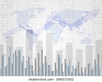 Abstract financial chart with uptrend line graph on number and world map. Candle stick graph of investment trading on world map as background. Trend of stock market chart. Business concept. 