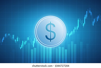 Abstract financial chart with uptrend line graph and dollar sign in stock market on gradient blue color background