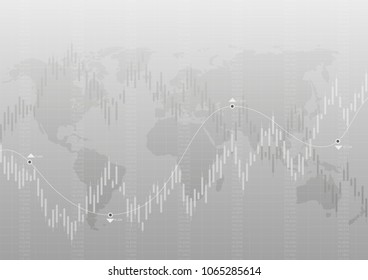 Abstract financial chart with uptrend line graph on gray color background with world map.