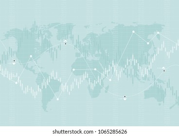 Abstract financial chart with uptrend line graph on blue color background with world map.
