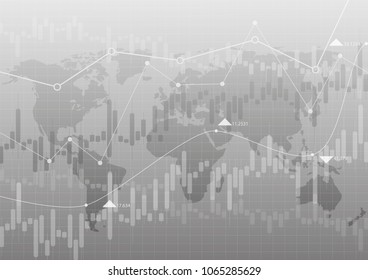 Abstract financial chart with uptrend line graph on gray color background with world map.
