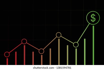 abstract financial chart with uptrend line graph and dollar sign in stock market on black color background