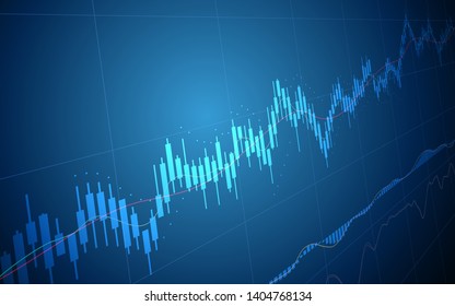 Abstract financial chart with uptrend line candlestick graph in stock market on blue color background