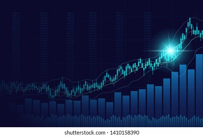 Abstract financial chart with uptrend line candlestick graph in stock market on blue color background