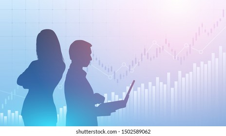 Abstract financial chart with uptrend line graph and silhouette business man and woman in stock market on blue color background
