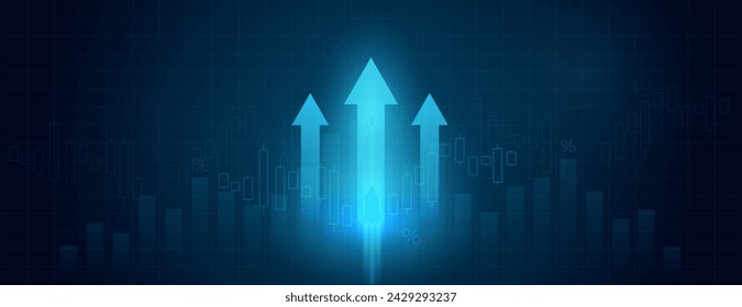 Abstract financial chart with an uptrend line and stock market arrows on a blue background. Big data and business growth, currency stocks and investment economics. Vector illustration.