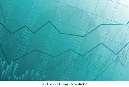 Abstract financial chart with uptrend line graph and numbers in stock market on gradient green color background