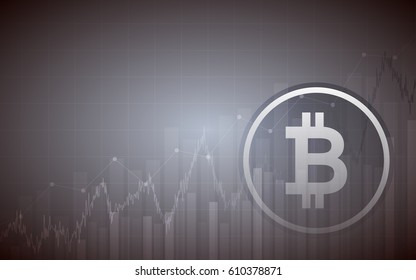 Abstract financial chart with uptrend line graph and bitcoin in stock market on gradient gray color background