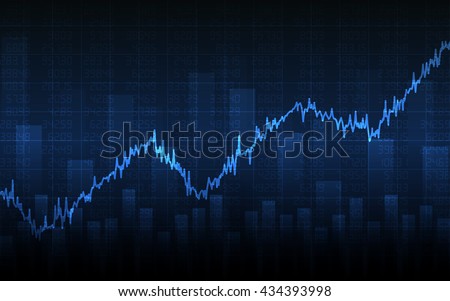 Abstract financial chart with uptrend line graph, bar chart and stock numbers in bull market on blue color background (vector)