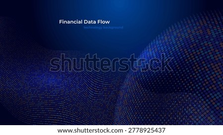 Abstract financial data flow technology background with dynamic digital particle waves on a deep blue gradient backdrop. Futuristic high-tech illustration suitable for fintech, banking, investment analytics, blockchain, cryptocurrency, big data, artificial intelligence, cybersecurity, and digital business concepts.