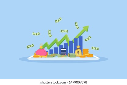 Abstract financial flat icon design with stack of money and growth arrow graph on tablet in blue color background