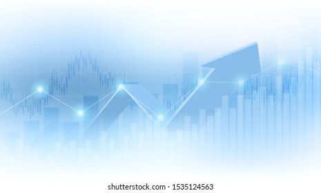 Abstract financial graph with up arrow trend line and bar chart in stock market on gradient blue white color background