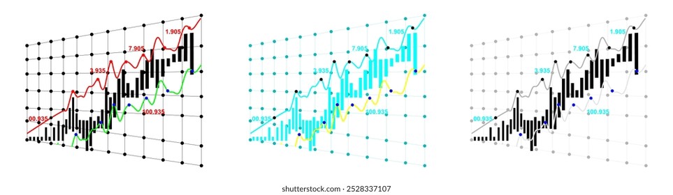 Un gráfico financiero abstracto con velas y gráficos de líneas sobre un fondo blanco, que representa conceptos de forex y análisis de mercado