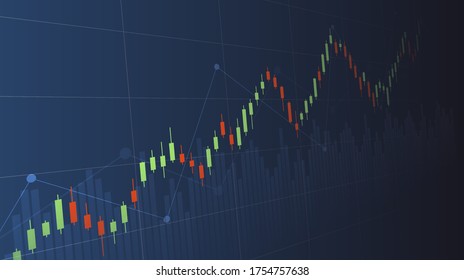 Abstract financial graph with up trend line candlestick chart in stock market on blue color background