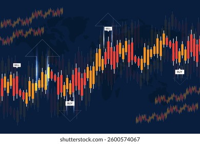 Abstract financial graph with up trend line candlestick chart in stock market on on blue background
