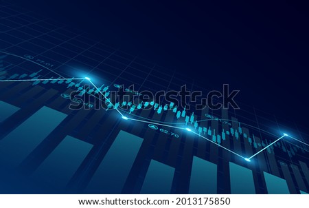Abstract financial graph with up trend line candlestick chart in stock market on blue color background