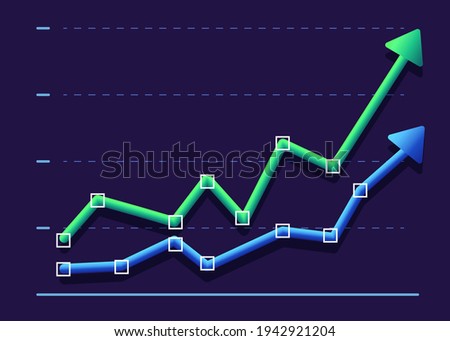 Abstract financial graph with two arrows going up. Modern design Green and blue 3d graphics on a dark background. Business competition concept. Vector illustration.  