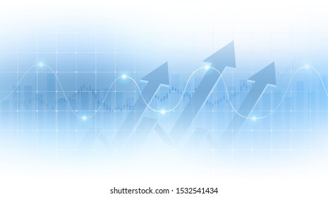 abstract financial graph with uptrend arrow line and bar chart in stock market on blue and white color background