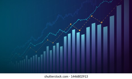 Abstract financial graph with uptrend line and bar chart of stock market on blue color background