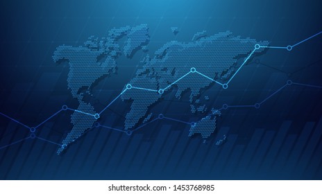 Abstract financial graph with uptrend line and world map in stock market on blue color background