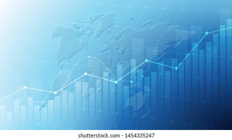 Abstract financial graph with uptrend line and world map in stock market on blue color background