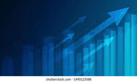 Abstract financial graph with uptrend line and arrows in stock market on blue color background