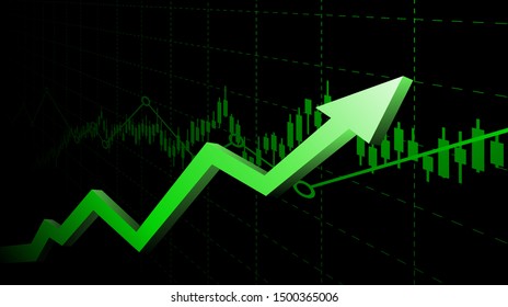 Abstract financial graph with uptrend line and arrows in stock market on green color background