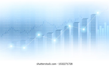 Abstract financial graph with uptrend line and bar chart of stock market on blue and white color background