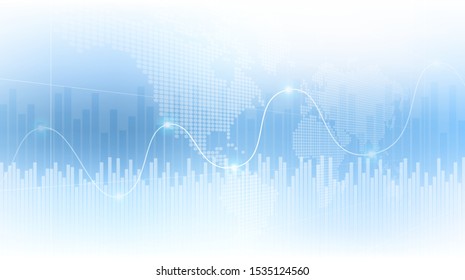 Abstract financial graph with uptrend line and world map in stock market on gradient blue white color background