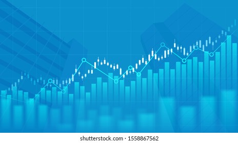 Abstract financial graph with uptrend line and building on blue color background