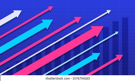 Abstract financial graph with uptrend line and arrows in the stock market on a blue color background. Vector illustration.