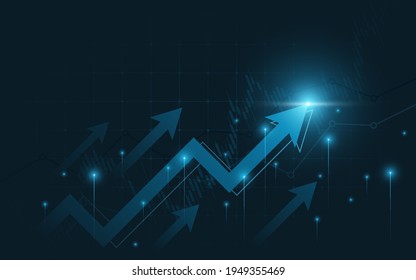 Abstrakte Finanzdiagramme mit aufstrebenden Linien und Pfeilen auf dem Aktienmarkt auf blauem Hintergrund